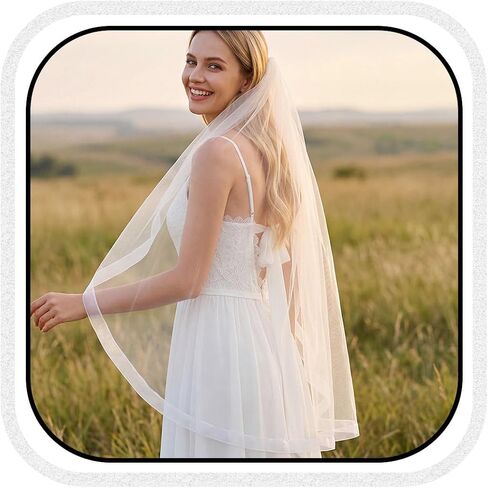 Unsutuo 1 Tier Bride Wedding Veil Horsehair Ribbon Edge Custom Veil Fingertip Bachelorette Party Veil Bridal Tulle Veil with Comb for Women and Girls(White) in Kuwait