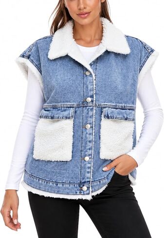 Shebote Womens Sherpa Fleece Lined Denim Vest Loose Sleeveless Wool Warm Jean Jacket Waistcoat Outwear Gilet with Pockets in Kuwait