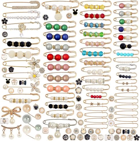 110 PCS Pearl Brooch Sock Charms Pins for Women Gold Rhinestone Junk Sock Charms Pins Sock Accessories Pant Waist Tightener for Women Hat Sweater Shirt Pant in Kuwait
