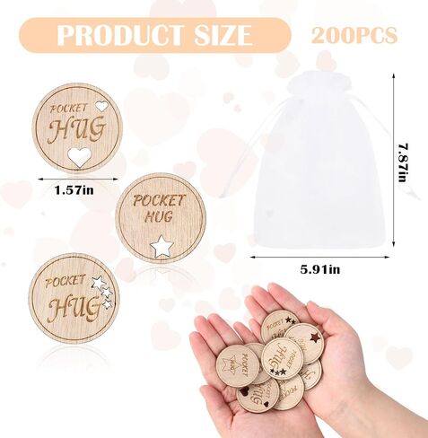 200 Pcs Wooden Pocket Hug Token with 4 Pcs Organza Bags Pocket Hug Bulk Remembrance Little Heart Star Round Pocket Hug Keepsake for Family Birthday Celebration of Life Funeral Love Gifts in Saudi Arabia