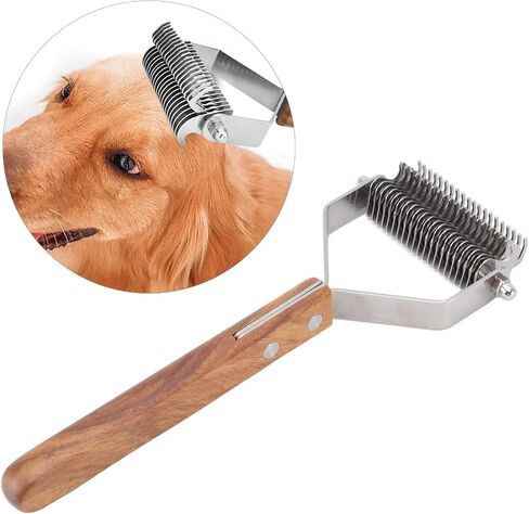 Pet Undercoat Rake Knot Removal Brush Double Row Wood Handle Dog Cat Deshedding and Grooming Tool in Kuwait