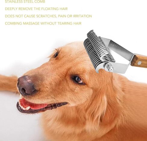 Pet Undercoat Rake Knot Removal Brush Double Row Wood Handle Dog Cat Deshedding and Grooming Tool in Kuwait
