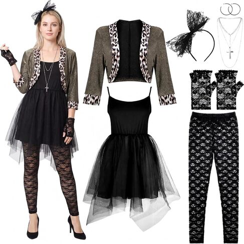 Boyiee Womens 80s Costume Set Dress Jacket Headband Earrings Necklace Lace Legging Gloves Halloween 80s Themed Costumes in Kuwait