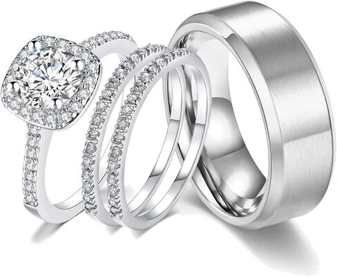 18k White Gold Plated Wedding Ring Sets for Him and Her Womens Mens Titanium Stainless Steel Bands 2Ct Cz Couple Rings in Kuwait