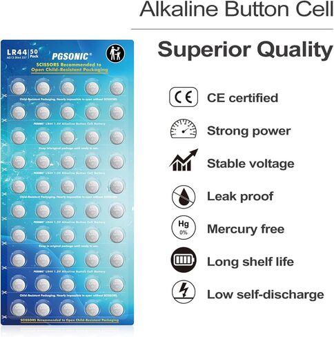 PGSONIC 50 Pack LR44 Batteries, 1.5 Volt Alkaline Button Cell Batteries with Long Lasting Power in Kuwait