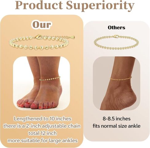 Poxtex Silver Ankle Bracelets for Women Waterproof, 925 Silver Dainty Anklets for Women Large Ankle, Sterling Silver Jewelry Set, Beaded Anklet for Teen Girl, Cuban Link for women No Tarnish in Kuwait