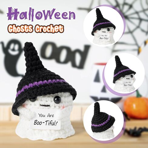 Halloween Ghost Handmade Positive Crochet with Inspirational Card Emotional Support Wool Ornaments Mini Positive Knitted Crochets Doll Desk Decorations Funny Gifts for Women Men 2.7 x 1.9 in in Saudi Arabia