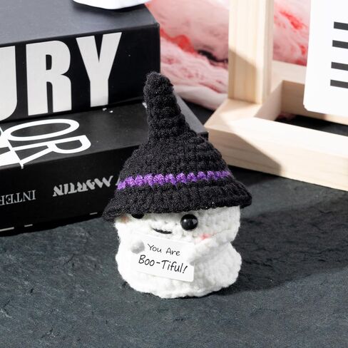 Halloween Ghost Handmade Positive Crochet with Inspirational Card Emotional Support Wool Ornaments Mini Positive Knitted Crochets Doll Desk Decorations Funny Gifts for Women Men 2.7 x 1.9 in in Saudi Arabia