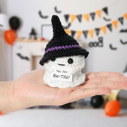 Halloween Ghost Handmade Positive Crochet with Inspirational Card Emotional Support Wool Ornaments Mini Positive Knitted Crochets Doll Desk Decorations Funny Gifts for Women Men 2.7 x 1.9 in in Saudi Arabia
