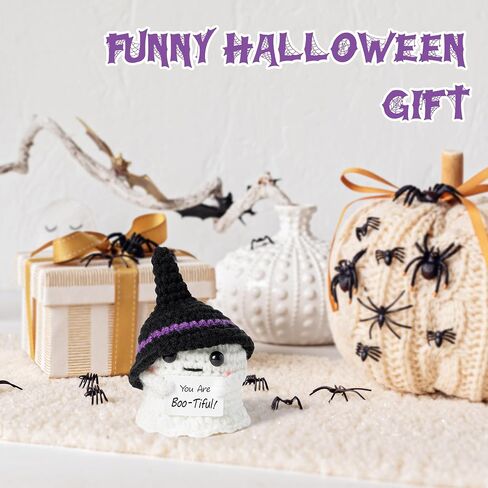 Halloween Ghost Handmade Positive Crochet with Inspirational Card Emotional Support Wool Ornaments Mini Positive Knitted Crochets Doll Desk Decorations Funny Gifts for Women Men 2.7 x 1.9 in in Saudi Arabia