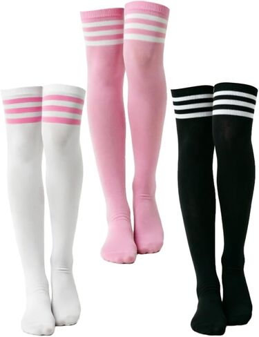 DRESHOW 3 Pairs Thigh High Socks Striped Over Knee Thin Tights Long Stocking Knee High Leg Warmer in Saudi Arabia