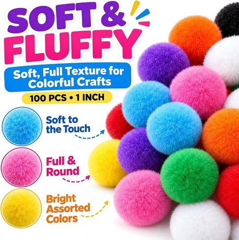 Pom Poms for Crafts, 100 Count 1 Inch Craft Pompoms Assorted Colors in Saudi Arabia