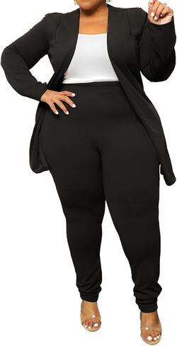 Women's Plus SizeTwo Piece Open Front Long Sleeve Blazer and Elastic Waist Solid Pant Set Suit in Kuwait