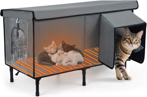 Heated Cat House for Outside, Insulated Large Elevated Waterproof Feral Cat Shelter with Heated Pad, Safe Escape Door All-Round Insulated Cotton and Aluminum Foil Cat Shelter for Winter in Kuwait