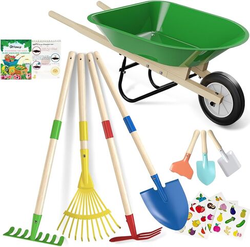 Qtioucp Kids Wheelbarrow Set with Gardening Tools Outdoor Backyard Garden Play for Toddlers Boys Girls 3-8, with Shovel, Rake, Leaf Rake, Easter Birthday Gifts in Kuwait