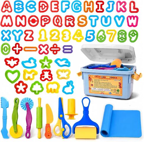 63-Piece Alphabet and Number Dough Tool Set with Storage Box, Ages 4-8 in Kuwait