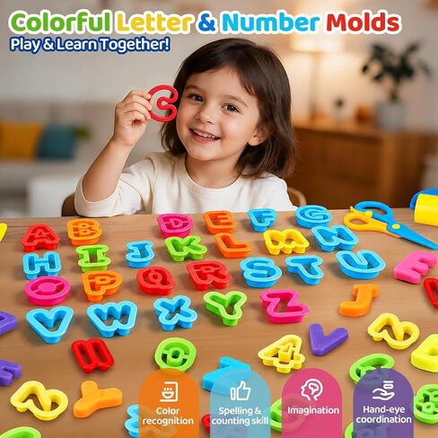 63-Piece Alphabet and Number Dough Tool Set with Storage Box, Ages 4-8 in Kuwait