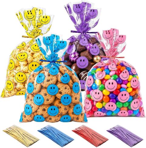 Happy Face Cellophane Bags 100 Pack, Goody Bags with Ties, Treat Gift Bags in Kuwait