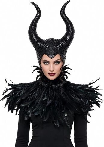 Maleficent Horns with Feather Cape Shawl Set Black Evil Queen Halloween Costume for Women in Kuwait