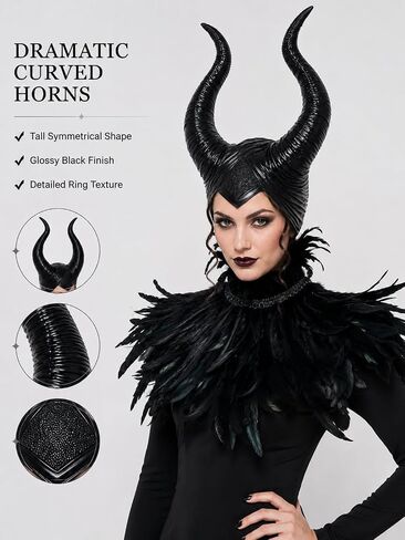 Maleficent Horns with Feather Cape Shawl Set Black Evil Queen Halloween Costume for Women in Kuwait