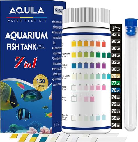 Aquarium Water Ammonia Test Strips 7 in 1, 150 Strips Aquarium Water Testing Kit for Freshwater Fish Tank with Test Tube & Thermometer, Tests pH, Hardness, Chlorine, Nitrate, Nitrite, Alkalinity in Saudi Arabia
