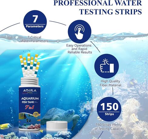 Aquarium Water Ammonia Test Strips 7 in 1, 150 Strips Aquarium Water Testing Kit for Freshwater Fish Tank with Test Tube & Thermometer, Tests pH, Hardness, Chlorine, Nitrate, Nitrite, Alkalinity in Saudi Arabia