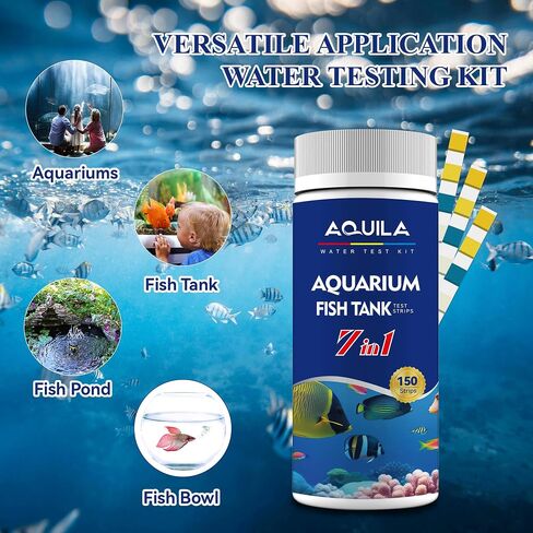 Aquarium Water Ammonia Test Strips 7 in 1, 150 Strips Aquarium Water Testing Kit for Freshwater Fish Tank with Test Tube & Thermometer, Tests pH, Hardness, Chlorine, Nitrate, Nitrite, Alkalinity in Saudi Arabia