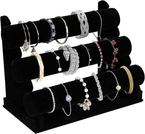 OSPNIEEK Velvet Bracelet Holder with 3 Tier Rack, Black Detachable Jewelry Display Stand T-Bar Necklace Storage Organizer for Bangles Watch Bracelets Scrunchies Organization Showcase (Pack of 2) in Kuwait
