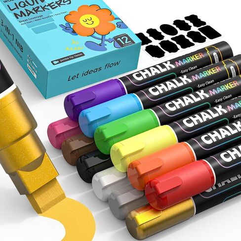 WUO Chalk Markers for Windows Glass, 12 Colors Liquid Chalk Pens with 10mm 3 in 1 Nib, Washable Window Markers for Mirrors, Blackboards, Car Windows, Bistro Signs, Classroom Boards & DIY Crafts in Saudi Arabia
