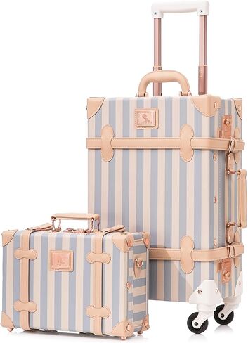 Vintage Suitcase Set, 2 Piece Faux Leather Trunk Luggage with Spinner Wheels TSA Lock and Cosmetic Train Case for Women, Grid, 26"+12" in Kuwait
