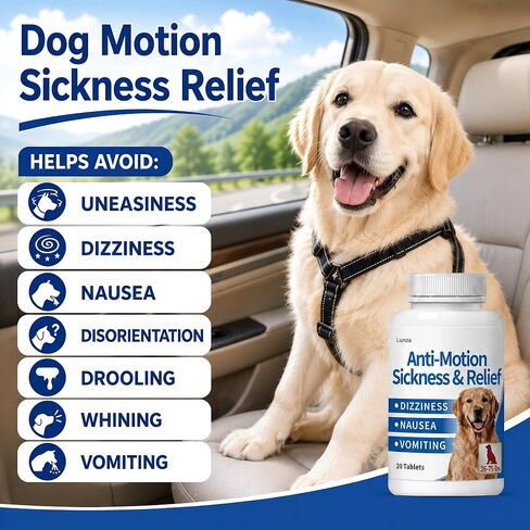 Lunza Motion Sickness for Dogs (26-75 lbs), Dog Car Sickness Medicine for Nausea, Vomiting, Drooling, Whining and More, Non-Drowsy, 20 Tablets in Saudi Arabia