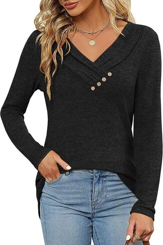 Women's Fall Long Sleeve Tunic Tops for Leggings V Neck Button Casual Blouse Sweatshirt in Kuwait