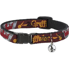 Warner Bros. Cat Collar, Breakaway Collar with Bell, Harry Potter Gryffindor Quiditch Ball Crown Red Golds Grays, 8.5 to 12 Inches 0.5 Inch Wide