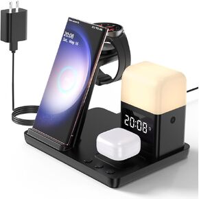 شاحن لاسلكي لهاتف سامسونج: قاعدة شحن JoyGeek 5 في 1 لهاتف Samsung S24/Flip5/Fold5/Note 20 Ultra - حامل شاحن الهاتف لساعة Galaxy Watch 6/5/4/3، Buds Live/Plus/2 Pro-Alarm Clock، 3 Night أضواء in Kuwait