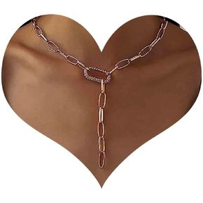Bohemian Crystal Paper Clip Y Necklace Gold Cz Y Lariat Chain Necklace Paved Paperclip Link Chain Necklace Minimalist Y Shape Necklace Punk Paper Clip Chain Necklace Jewelry for Women