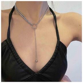 Yheakne Boho Long Ball Y Necklace Silver Layered Chain Drop Necklace Round Bead Y Lariat Necklace Vintage Circle Y Drop Necklace Chain Jewelry for Women and Girls