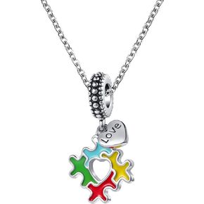 OutstandLong Autism Awareness Necklaces New Puzzle Piece Enamel ASD Dangle Bead Pendant for Women