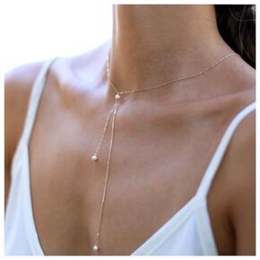 Boho Pearl Lariat Y Necklace Long Pearl Y Drop Necklace Chain Gold Pearl Tassel Choker Necklace Imitation Pearl Necklace Chain Jewelry for Women and Girls (Gold)