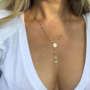 Zeshimb Cross Y Pendant Necklace Gold Virgin Mary Necklace Holy Cross Crucifix Necklace Catholicb Madonna Choker Necklace Body Jewelry for Women Girls