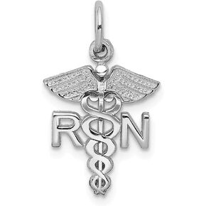 Solid 14k White Gold RN Registered Nurse Charm Pendant - 20mm x 12mm