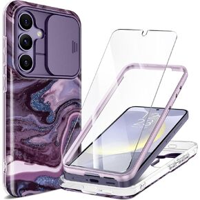 GVIEWIN Designed for Samsung Galaxy S24 Plus Case with Slide Camera Cover+Screen Protector,[10FT Drop Protection]Marble Full Body Shockproof Protective Phone Cover for S24+ Plus 6.7", Quicksand/Purple