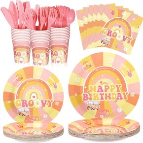 Two Groovy Birthday Party Decorations, 168 Pcs Groovy Boho Hippie Daisy Tablecloth Tableware Set 24 Guests Dinner Plates Dessert Plates Cups and Napkins for Girl Retro Rainbow Boho Party Supplies