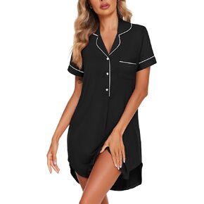 Ekouaer Women's Nightgown Button Down Nightshirt V Neck Sleepshirt Short Sleeve Sleepwear Soft Pajama Dress