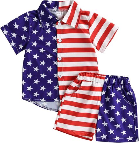 Gueuusu 4th من يوليو طفل رضيع الزي العلم الأمريكي قصيرة الأكمام زر أسفل اللباس قميص السراويل عيد الاستقلال الملابس مجموعة in Kuwait