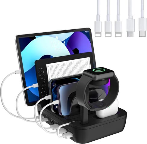 Charging Station for Multiple Devices, 6 Ports Charging Dock with AirPods iWatch Charger Stand, 5 Short Mixed Cables for iPhone/iPad/Android/Tablets-Pitch Black in Saudi Arabia