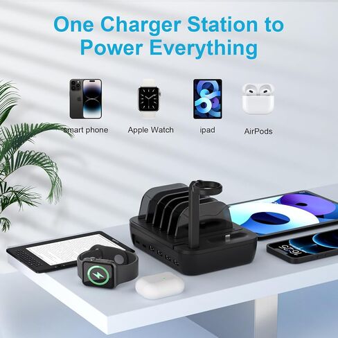 Charging Station for Multiple Devices, 6 Ports Charging Dock with AirPods iWatch Charger Stand, 5 Short Mixed Cables for iPhone/iPad/Android/Tablets-Pitch Black in Saudi Arabia