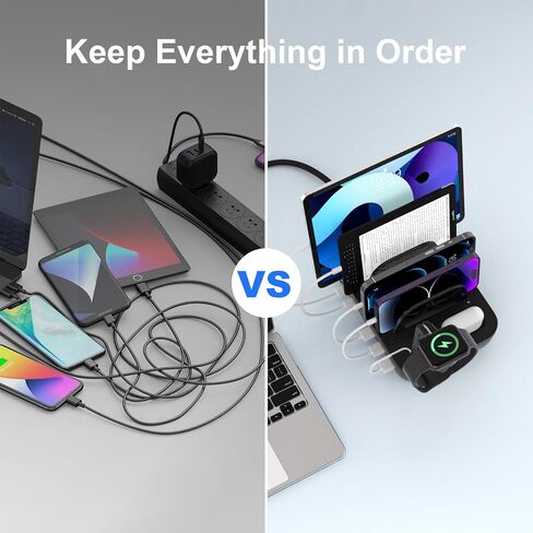 Charging Station for Multiple Devices, 6 Ports Charging Dock with AirPods iWatch Charger Stand, 5 Short Mixed Cables for iPhone/iPad/Android/Tablets-Pitch Black in Saudi Arabia