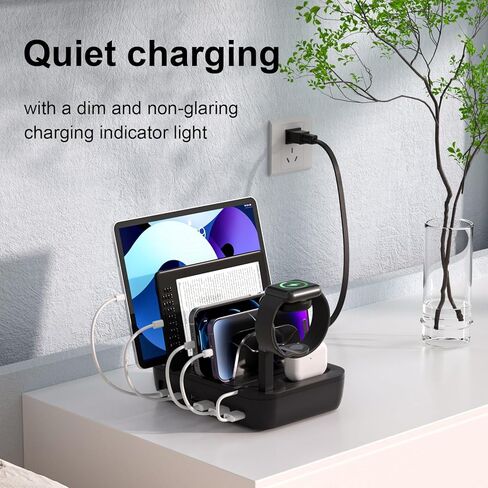 Charging Station for Multiple Devices, 6 Ports Charging Dock with AirPods iWatch Charger Stand, 5 Short Mixed Cables for iPhone/iPad/Android/Tablets-Pitch Black in Saudi Arabia
