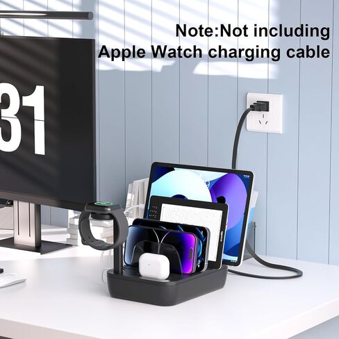 Charging Station for Multiple Devices, 6 Ports Charging Dock with AirPods iWatch Charger Stand, 5 Short Mixed Cables for iPhone/iPad/Android/Tablets-Pitch Black in Saudi Arabia