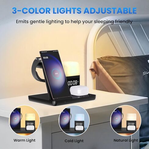 شاحن لاسلكي لهاتف سامسونج: قاعدة شحن JoyGeek 5 في 1 لهاتف Samsung S24/Flip5/Fold5/Note 20 Ultra - حامل شاحن الهاتف لساعة Galaxy Watch 6/5/4/3، Buds Live/Plus/2 Pro-Alarm Clock، 3 Night أضواء in Kuwait